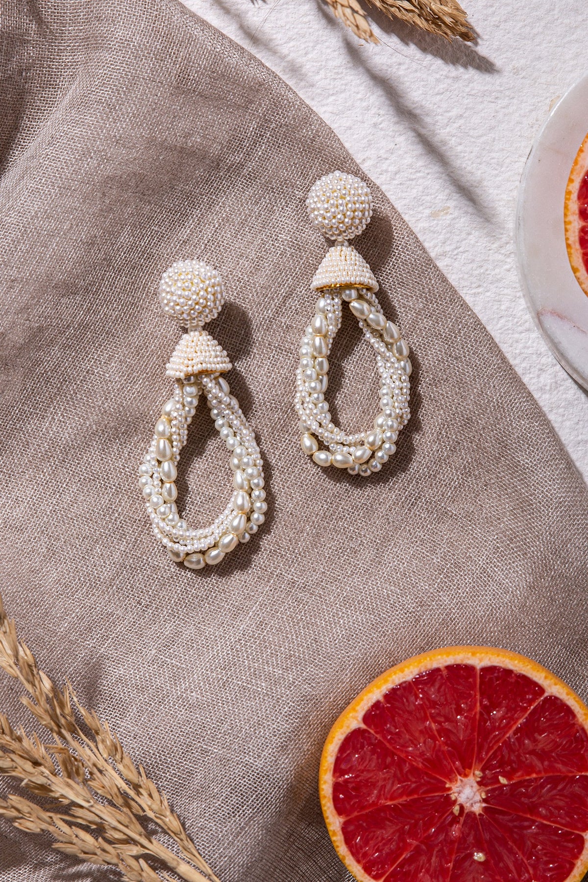 White Pearl Hand Embroidered Earrings