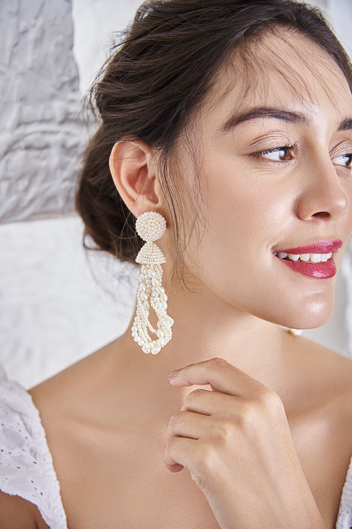 White Pearl Hand Embroidered Earrings