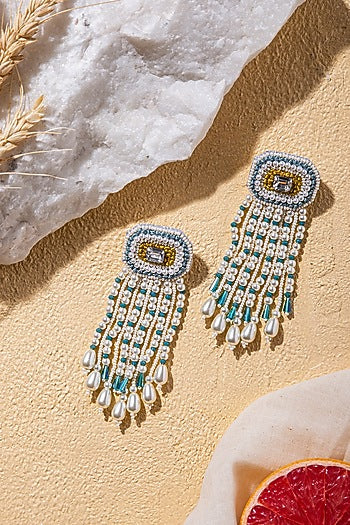 White & Blue Hand Embroidered Earrings