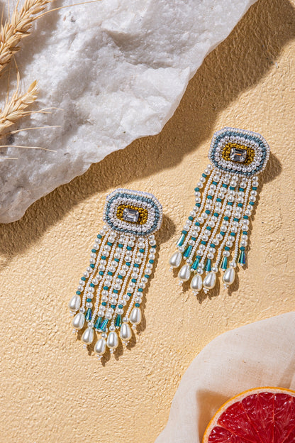 White & Blue Hand Embroidered Earrings