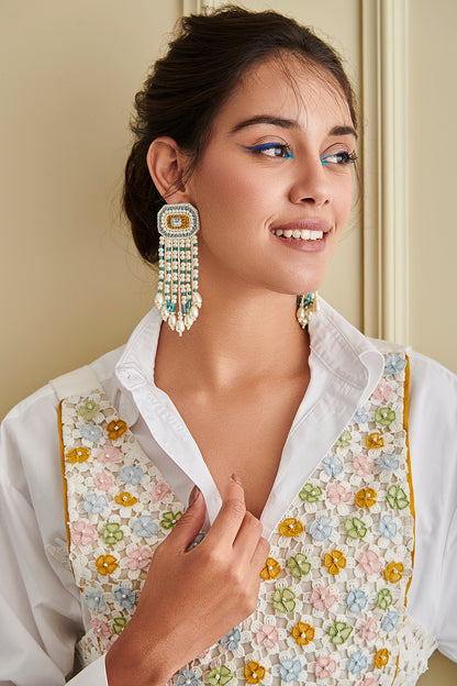 White & Blue Hand Embroidered Earrings
