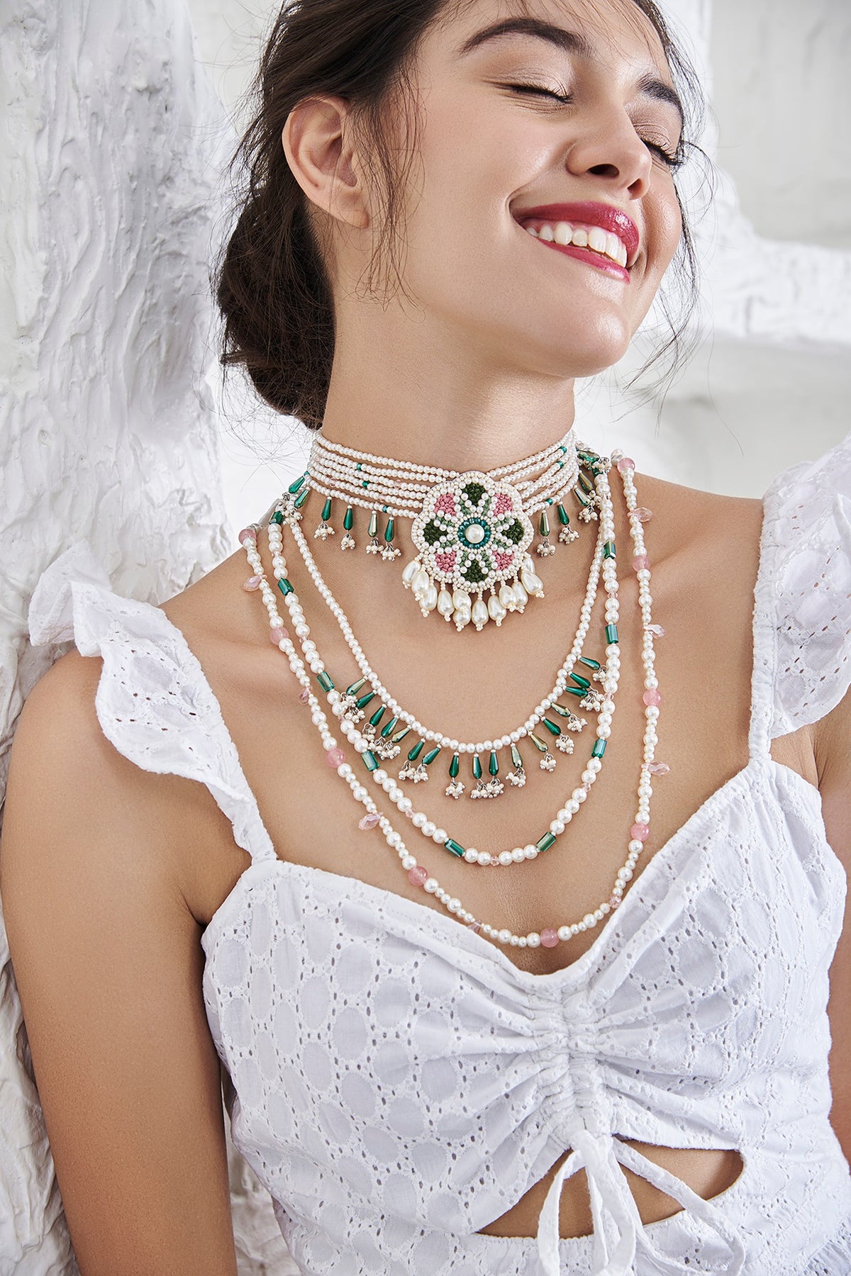 White Pearl Hand Embroidered Choker Necklace