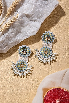 White Hand Embroidered Long Earrings