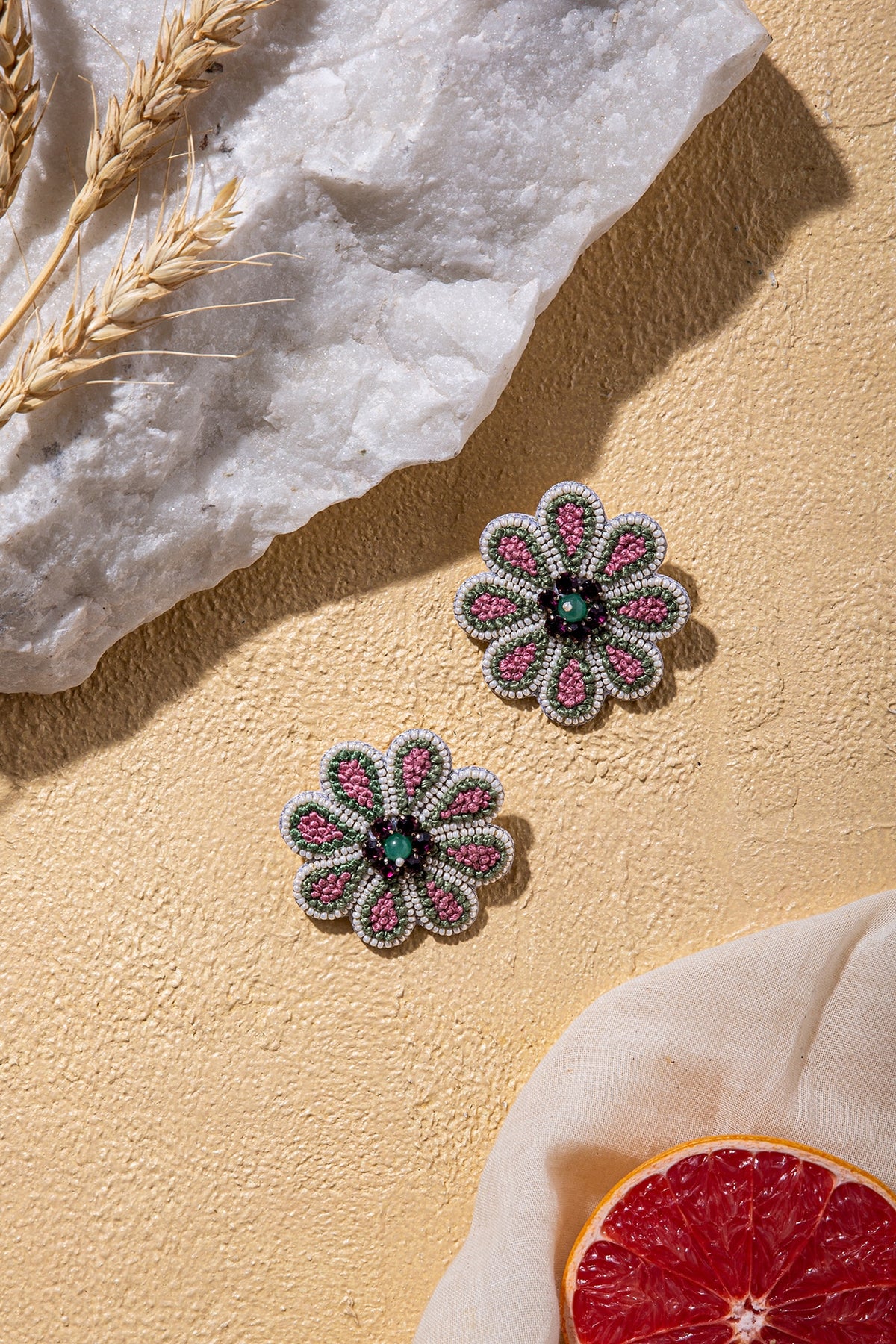 Pink Hand Embroidered Stud Earrings