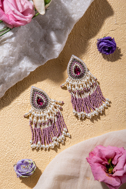 Pink Hand Embroidered Long Earrings