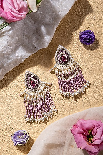 Pink Hand Embroidered Long Earrings