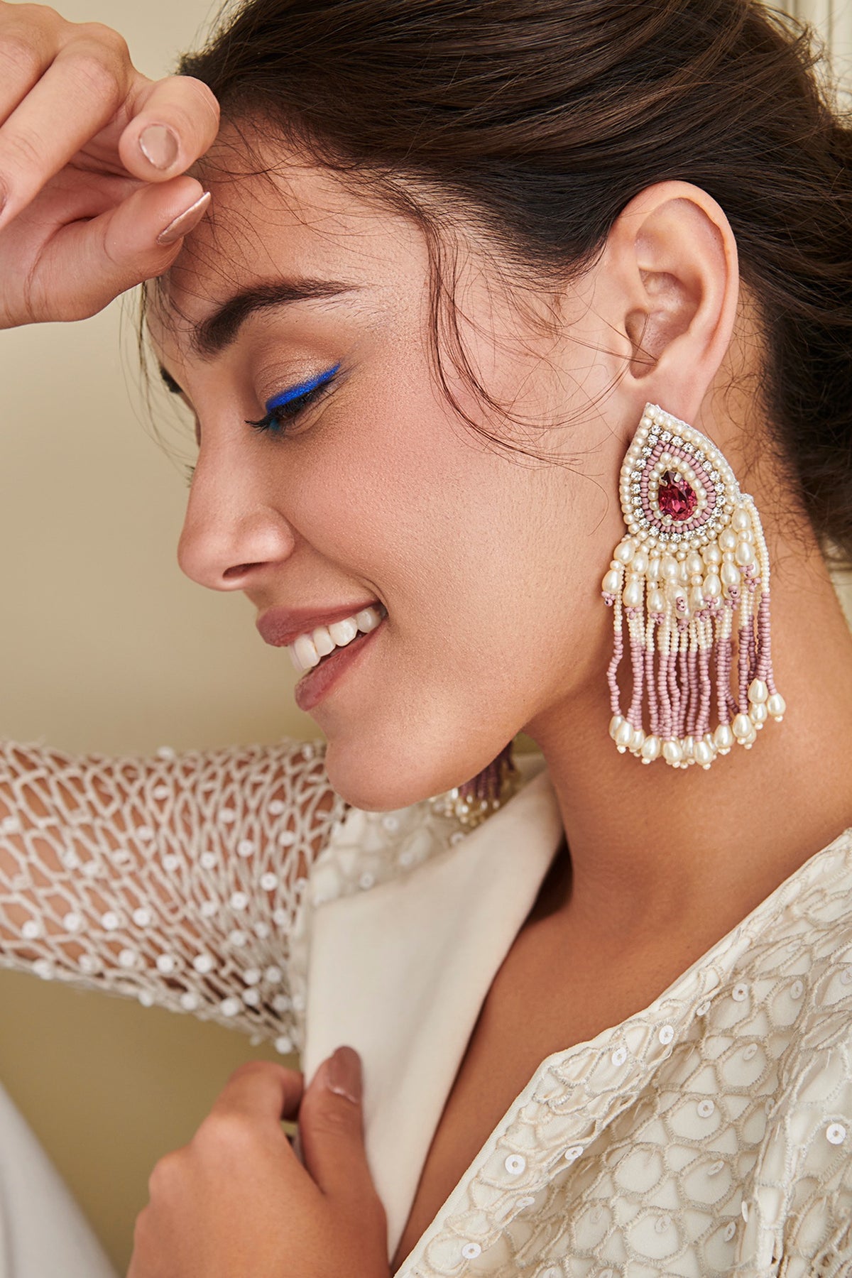 Pink Hand Embroidered Long Earrings