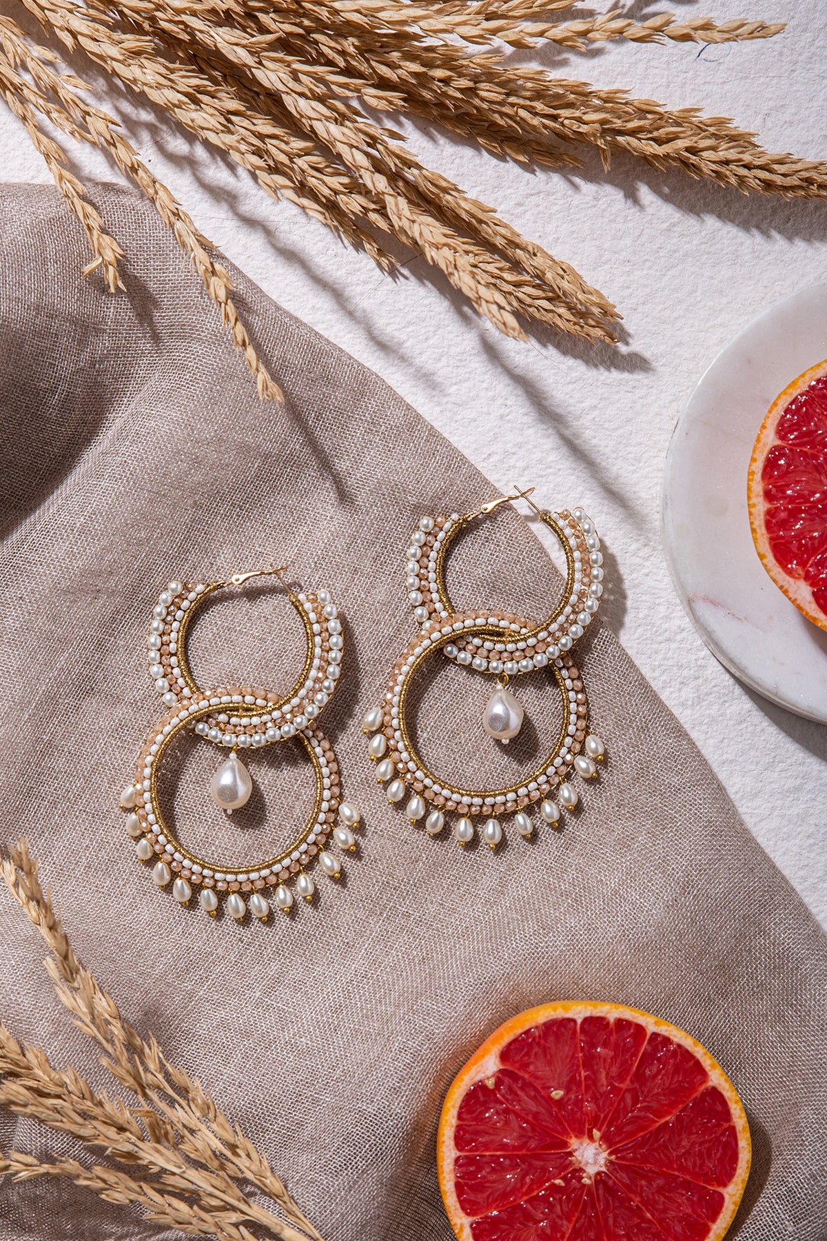 Beige Hand Embroidered Long Earrings