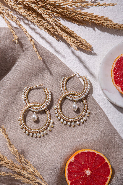Beige Hand Embroidered Long Earrings