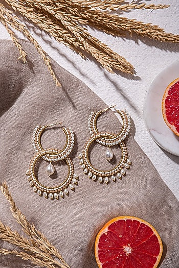 Beige Hand Embroidered Long Earrings