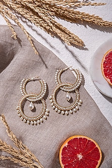 Beige Hand Embroidered Long Earrings