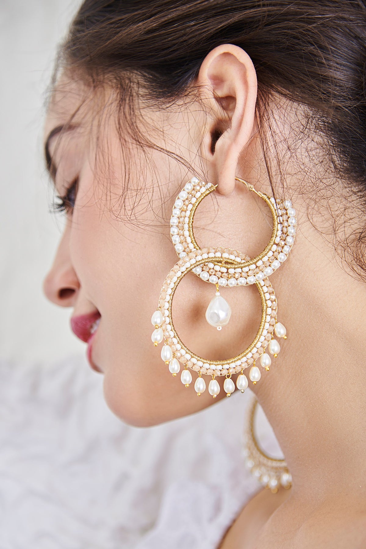 Beige Hand Embroidered Long Earrings