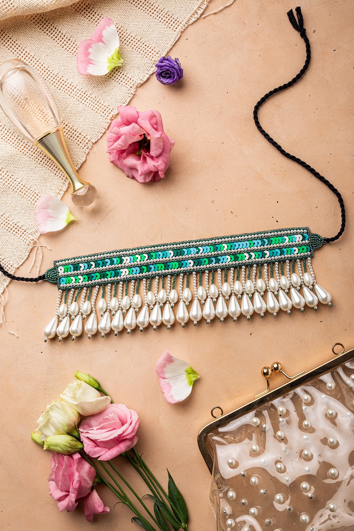 Green Pearl Hand Embroidered Choker Necklace