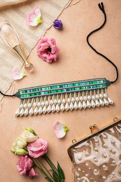 Green Pearl Hand Embroidered Choker Necklace