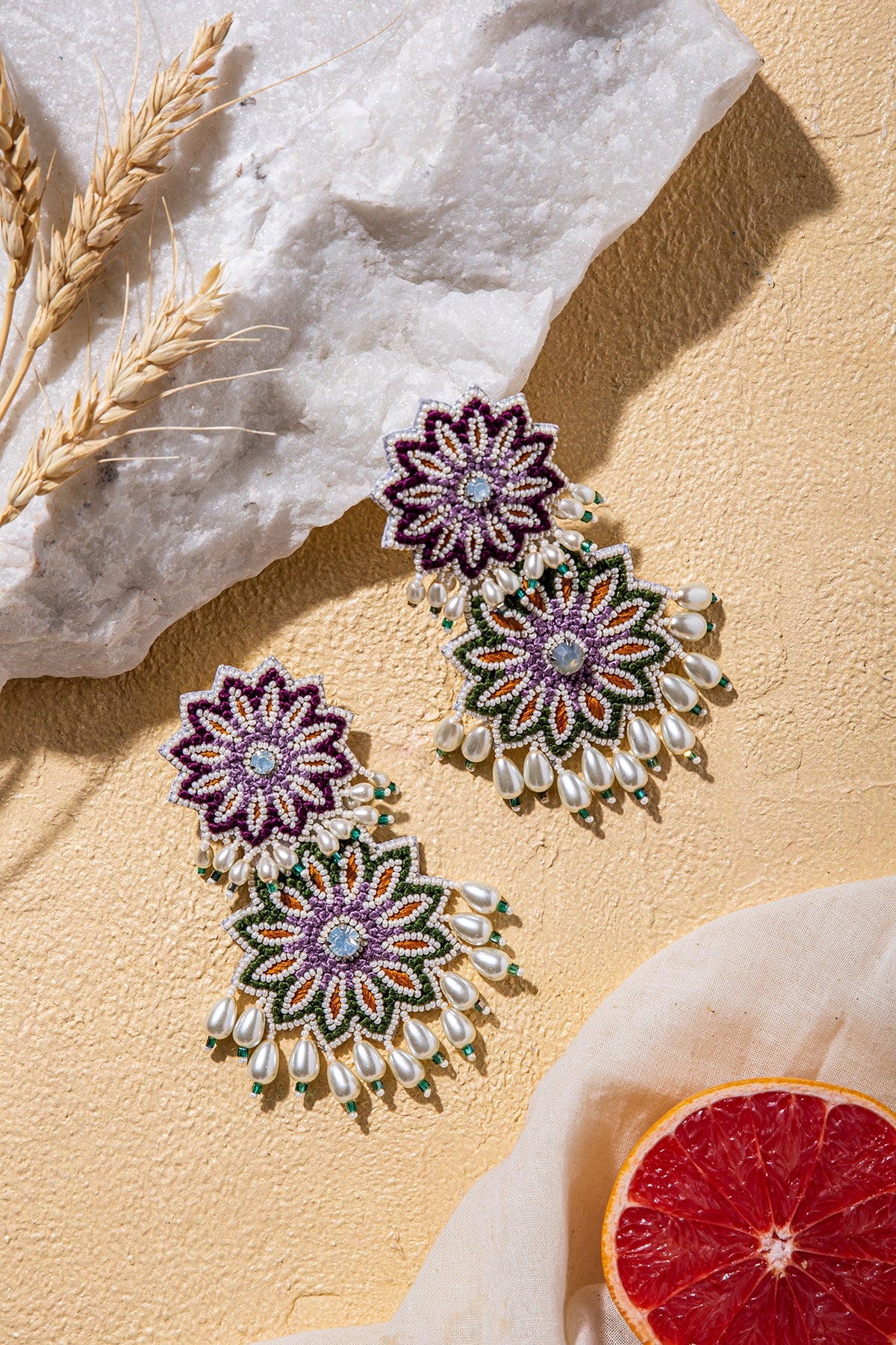 Purple & Green Hand Embroidered Long Earrings