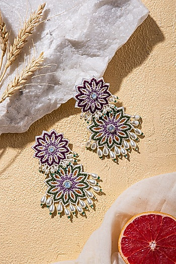 Purple & Green Hand Embroidered Long Earrings