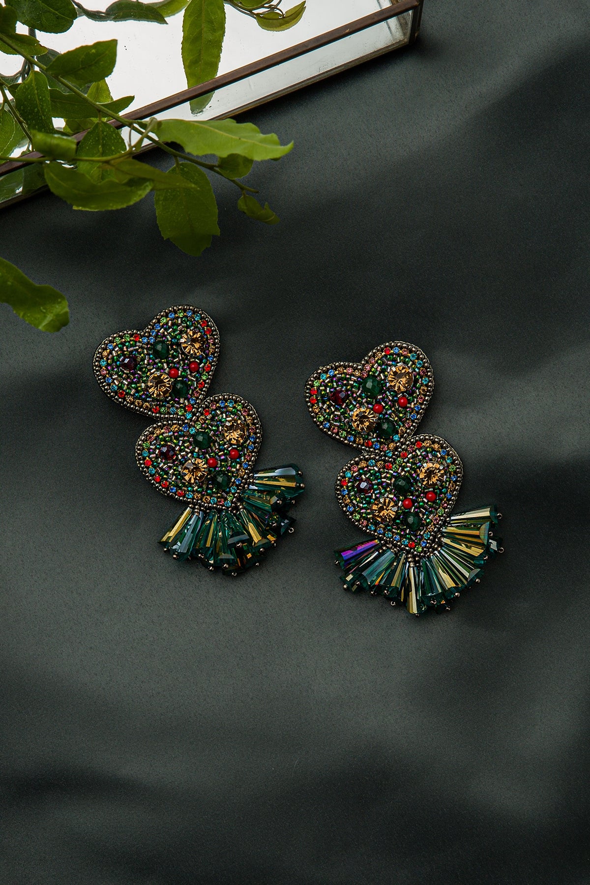 Green Hand Embroidered Earrings