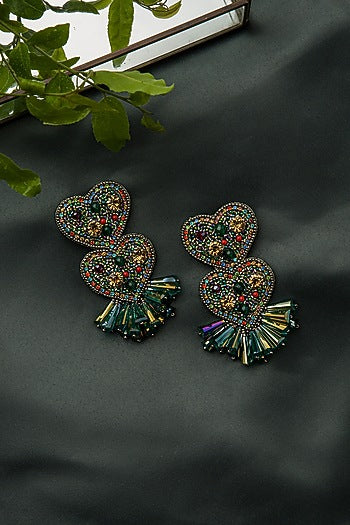 Green Hand Embroidered Earrings