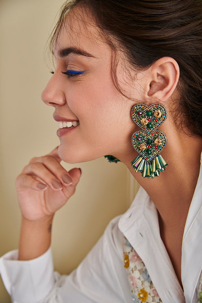 Green Hand Embroidered Earrings