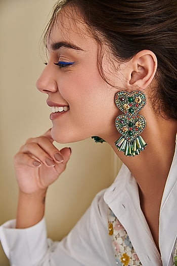 Green Hand Embroidered Earrings