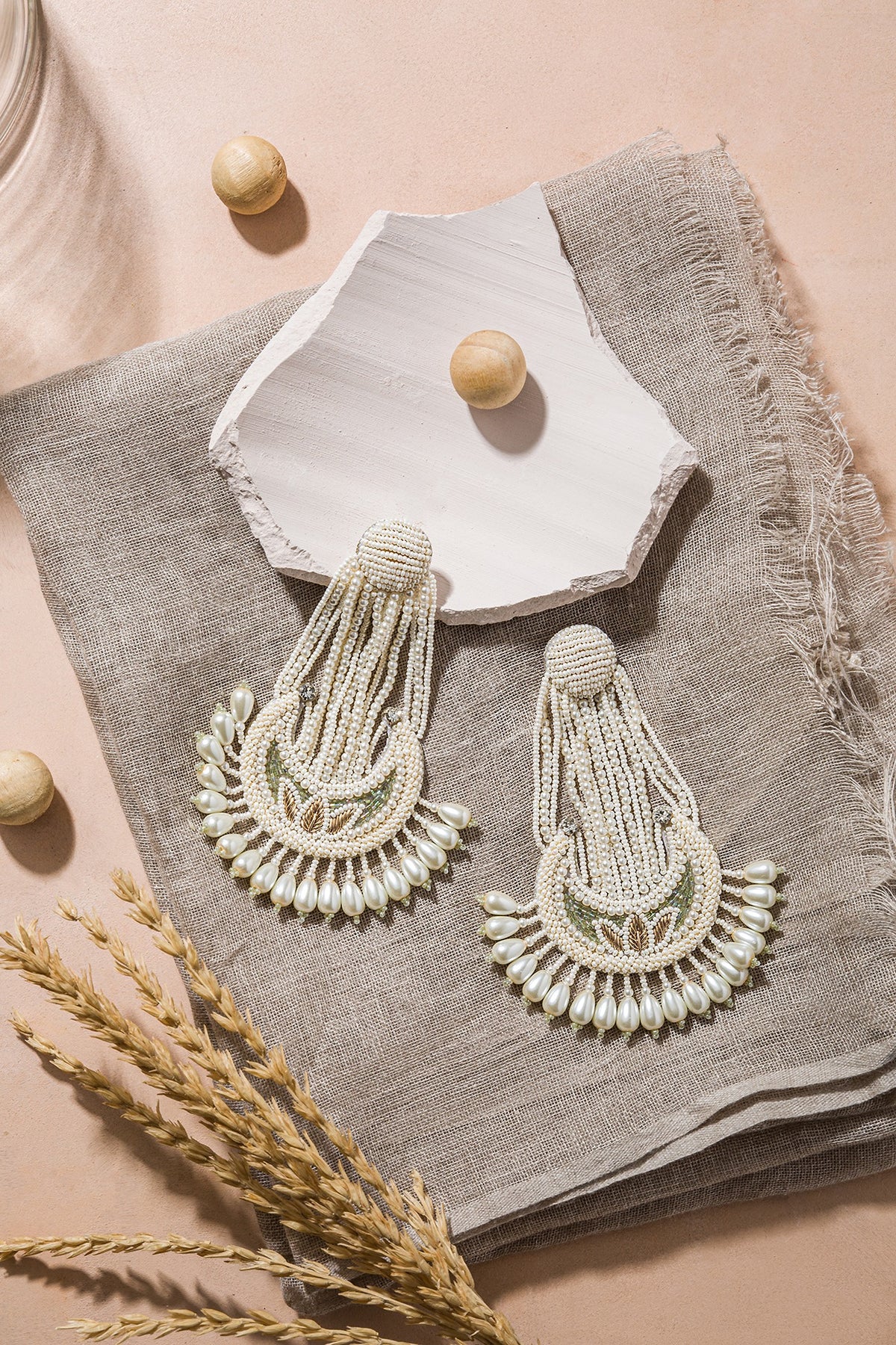 White Pearl Hand Embroidered Earrings