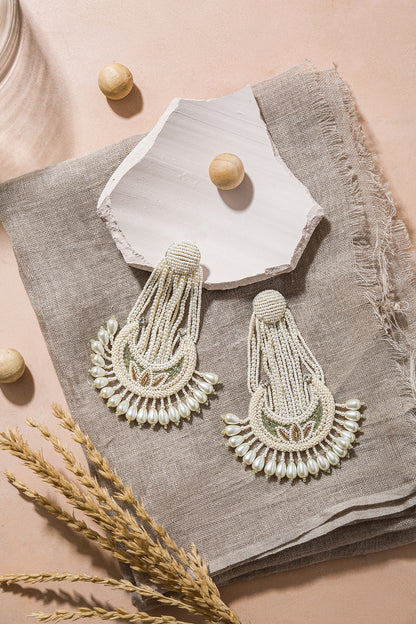 White Pearl Hand Embroidered Earrings