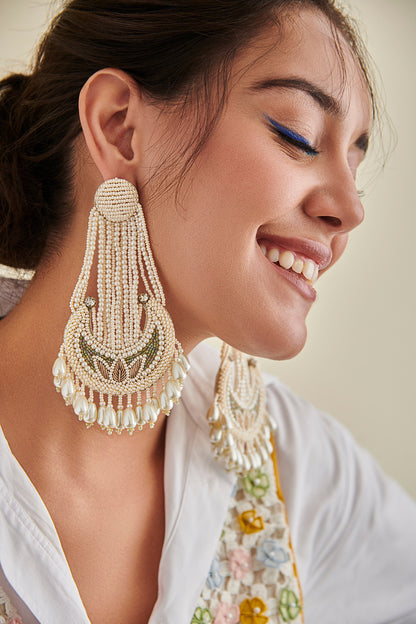 White Pearl Hand Embroidered Earrings