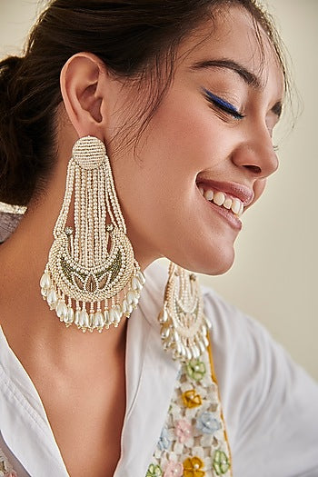 White Pearl Hand Embroidered Earrings