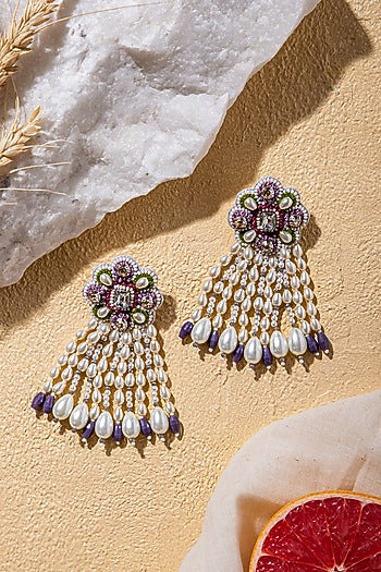 White Hand Embroidered Earrings