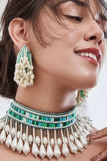 Green Hand Embroidered Earrings