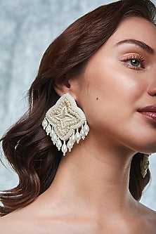 White Hand Embroidered Dangler Earrings
