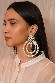 White Finish Pearl & Beaded Dangler Earrings