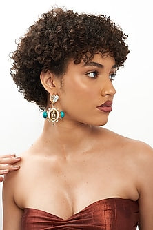 Gold Plated Turquoise Stone & Crystal Hexapod Dangler Earrings