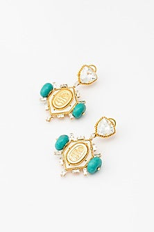 Gold Plated Turquoise Stone & Crystal Hexapod Dangler Earrings
