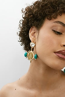 Gold Plated Turquoise Stone & Crystal Hexapod Dangler Earrings