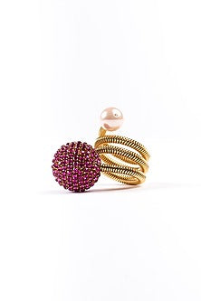 Gold Plated Chaton Crystal & Faux Pearl Orb Wrap Ring