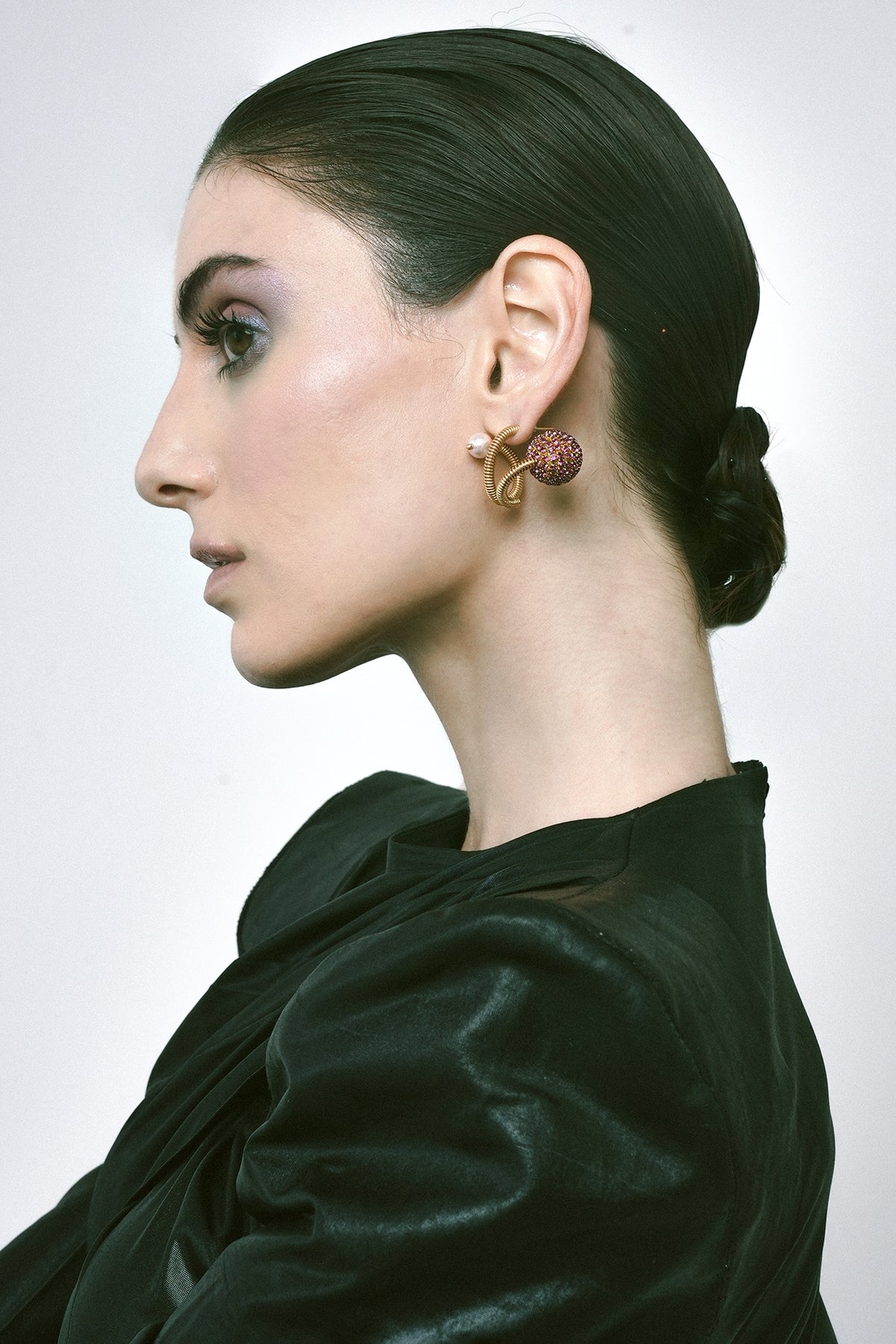 Gold Plated Pink Chaton Crystal & Faux Pearl Orb Hoop Earrings
