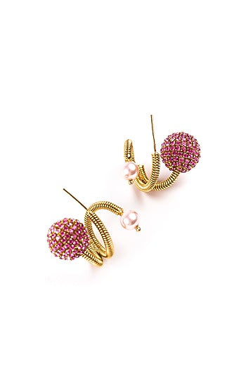 Gold Plated Pink Chaton Crystal & Faux Pearl Orb Hoop Earrings