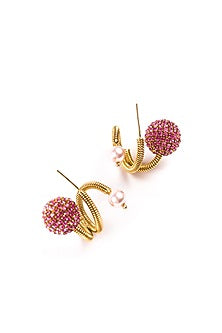 Gold Plated Pink Chaton Crystal & Faux Pearl Orb Hoop Earrings