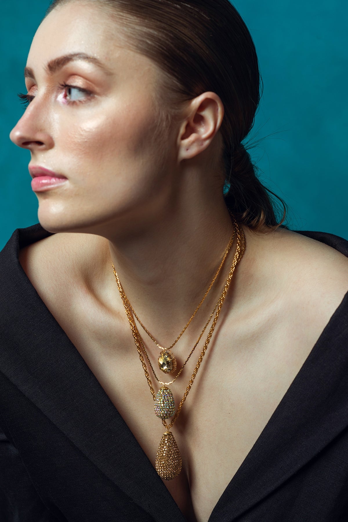 Gold Plated Crystal Layered Pyrus Pendant Necklace