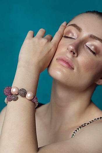 Gold Plated Pink Ombre Crystal & Faux Pearl Bracelet