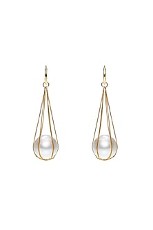 Gold Finish Pearl Dangler Earrings In Sterling Silver