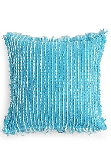 Turquoise Handwoven Acrylic Wool Cushion Cover With Fringes