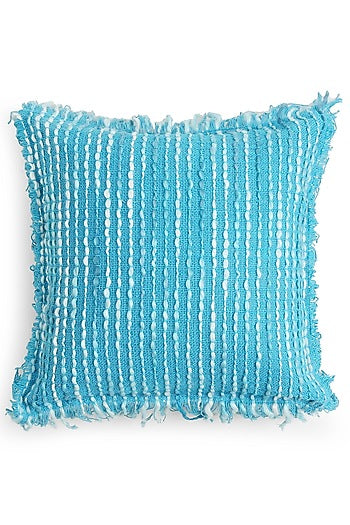 Turquoise Handwoven Acrylic Wool Cushion Cover With Fringes