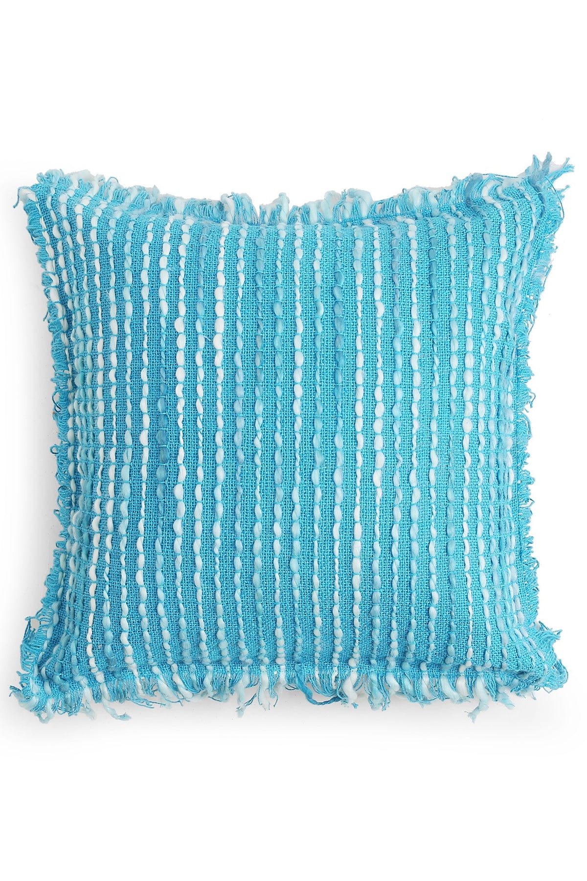 Turquoise Handwoven Acrylic Wool Cushion Cover With Fringes
