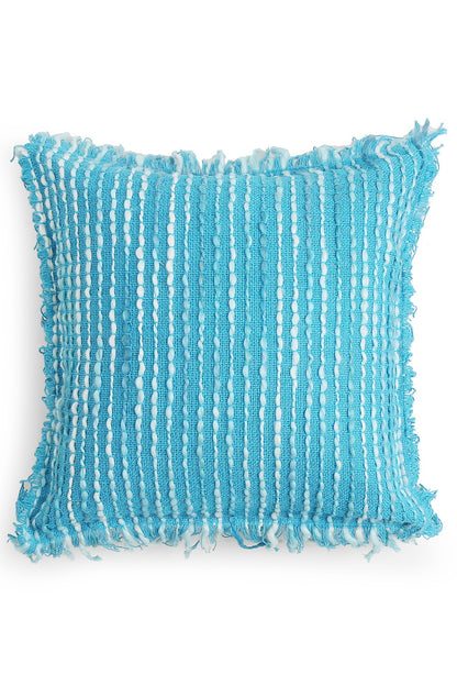 Turquoise Handwoven Acrylic Wool Cushion Cover With Fringes
