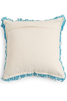 Turquoise Handwoven Acrylic Wool Cushion Cover With Fringes