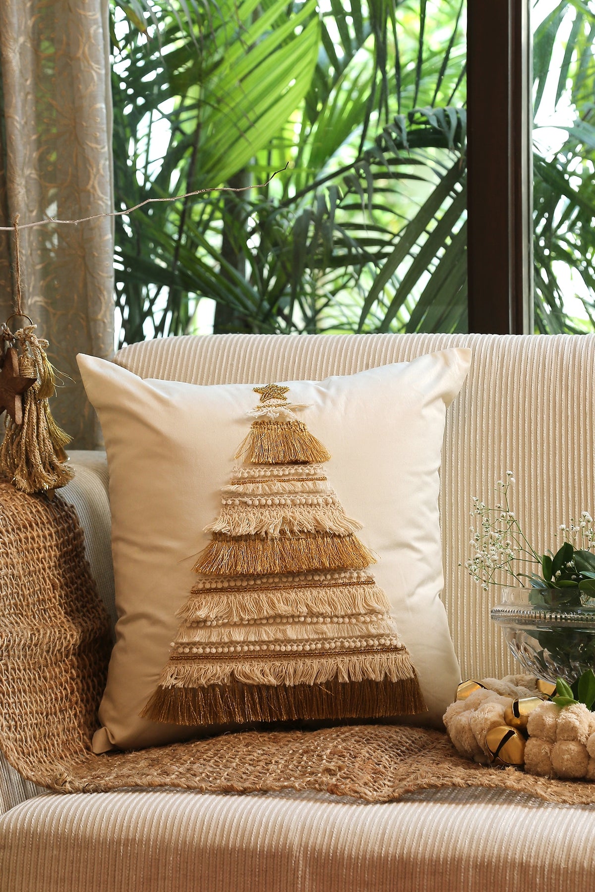 Off-White Tree Cushion Cover With Fringes