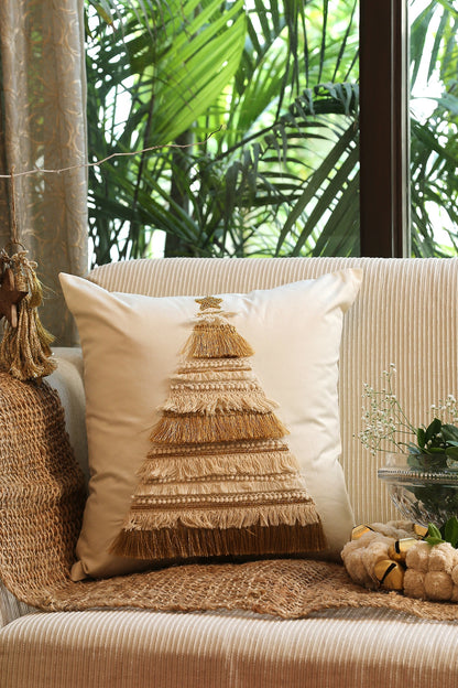 Off-White Tree Cushion Cover With Fringes