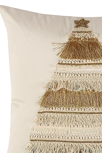 Off-White Tree Cushion Cover With Fringes